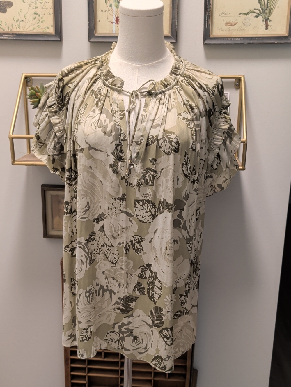 Philosophy- 2X Floral Ruffle Tie-Neck Women’s Blouse - Olive Cream